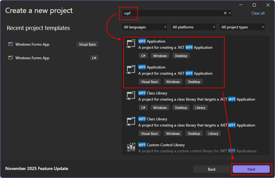 Screenshot of Visual Studio's 'Create a new project' dialog with 'wpf' in the search box and WPF Application templates highlighted.
