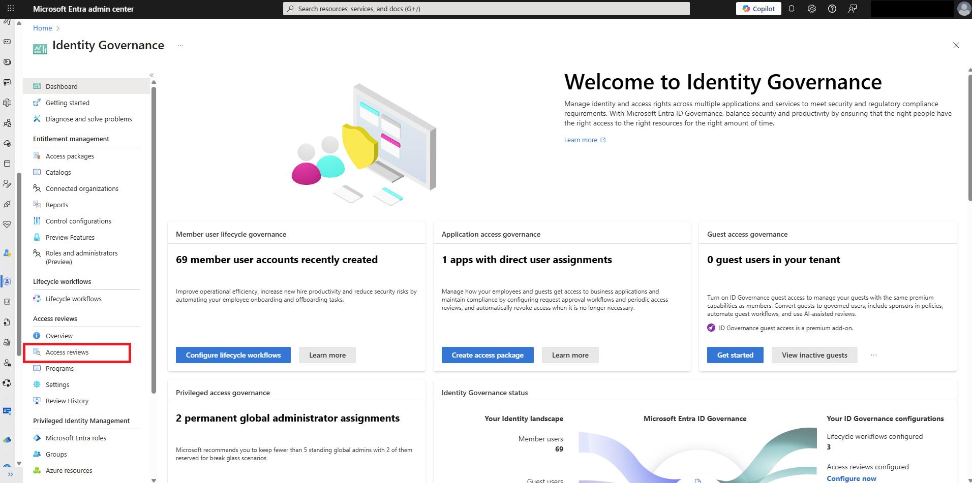 Access reviews start page
