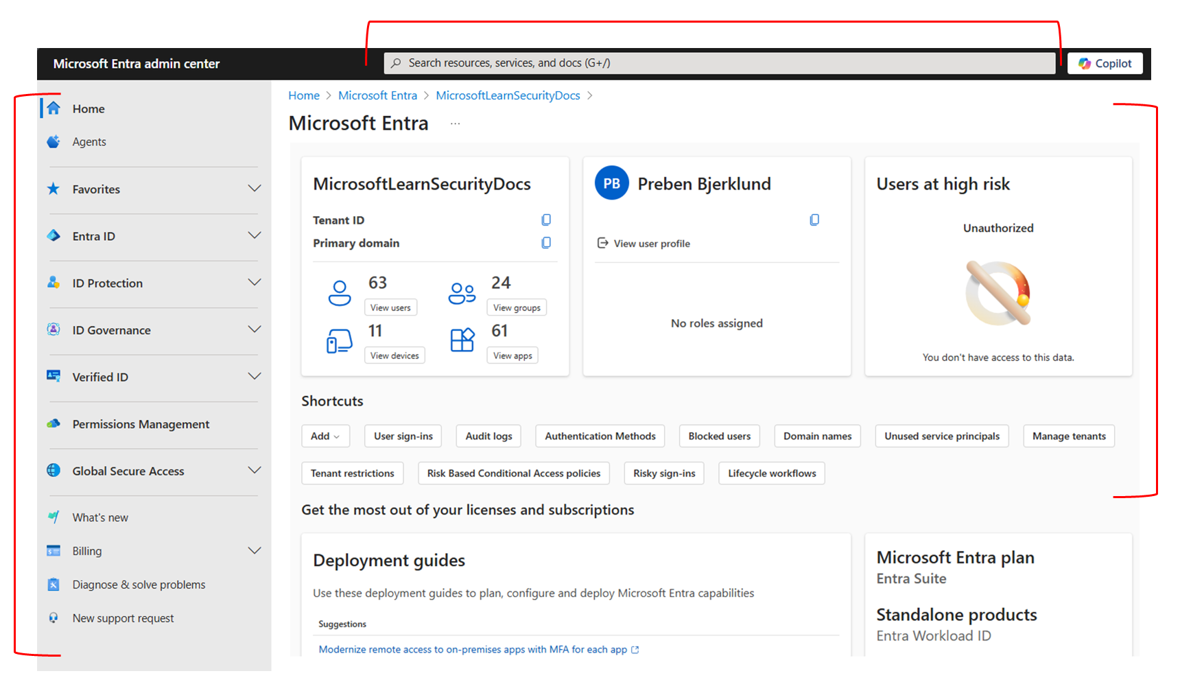 Screenshot of the Microsoft Entra admin center overview home page.
