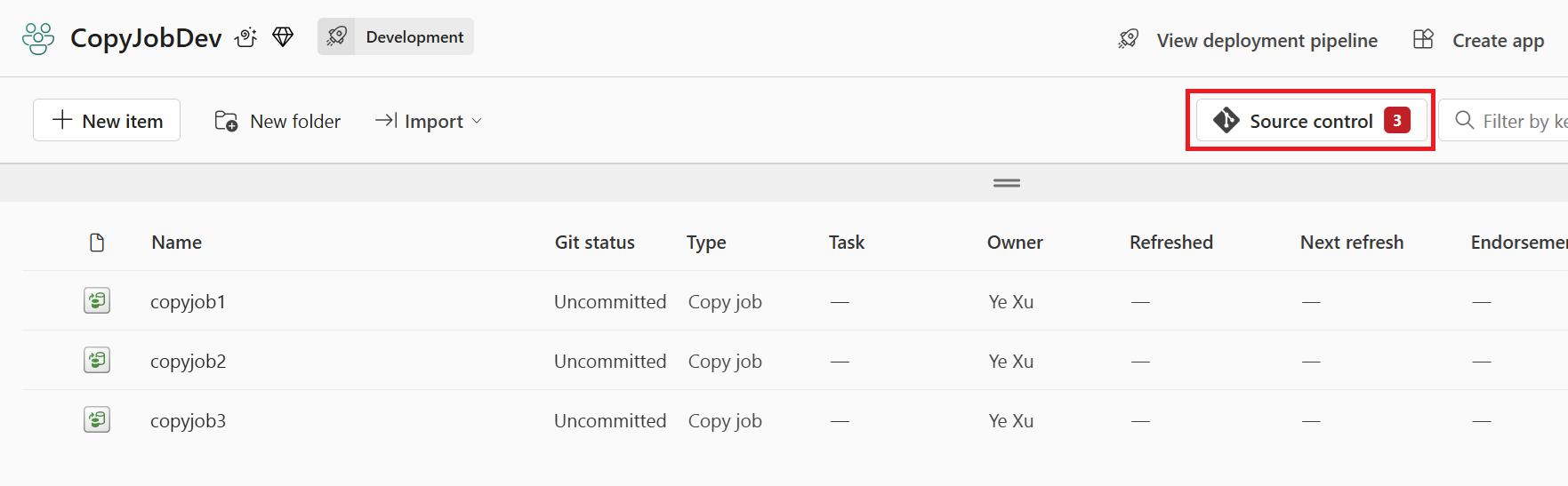 Screenshot showing the Fabric workspace with Git status and other details reported for copy job.