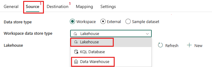 Screenshot showing lakehouse and warehouse source tab.