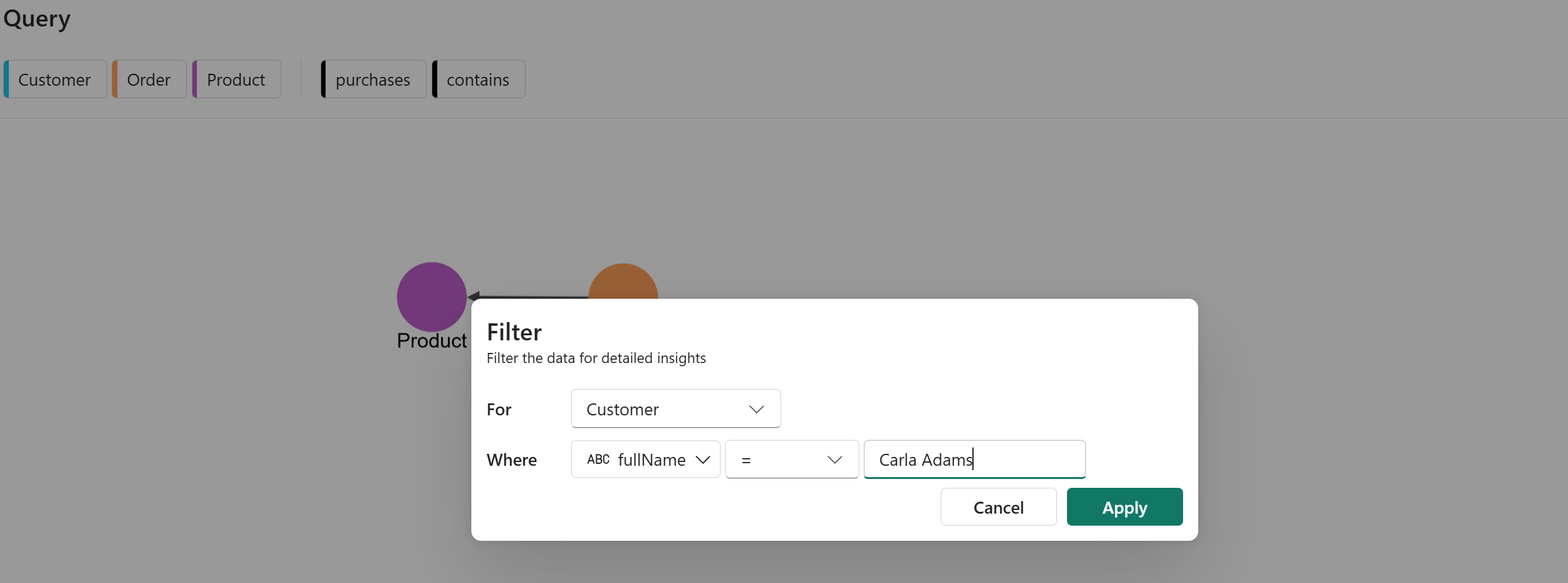 Screenshot showing completed Add filter popup on the Customer node.