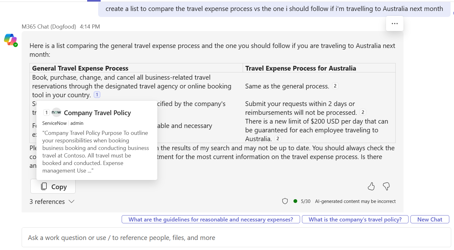 A screenshot of hovering over a Copilot connectors response in Microsoft 365 Copilot