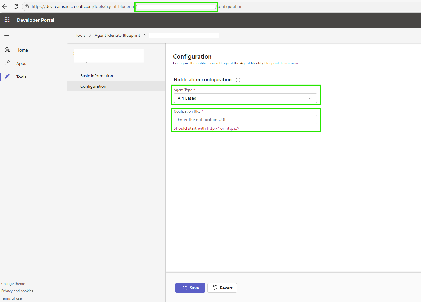 Screenshot showing the Developer Portal configuration page with Agent Type set to API Based and Notification URL field.