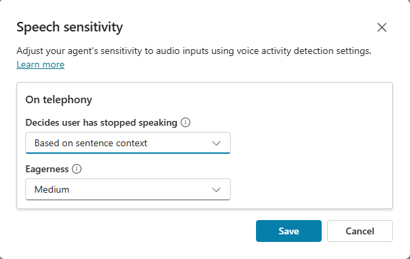 Screenshot of the Speech sensitivity dialog when set to Based on sentence context.