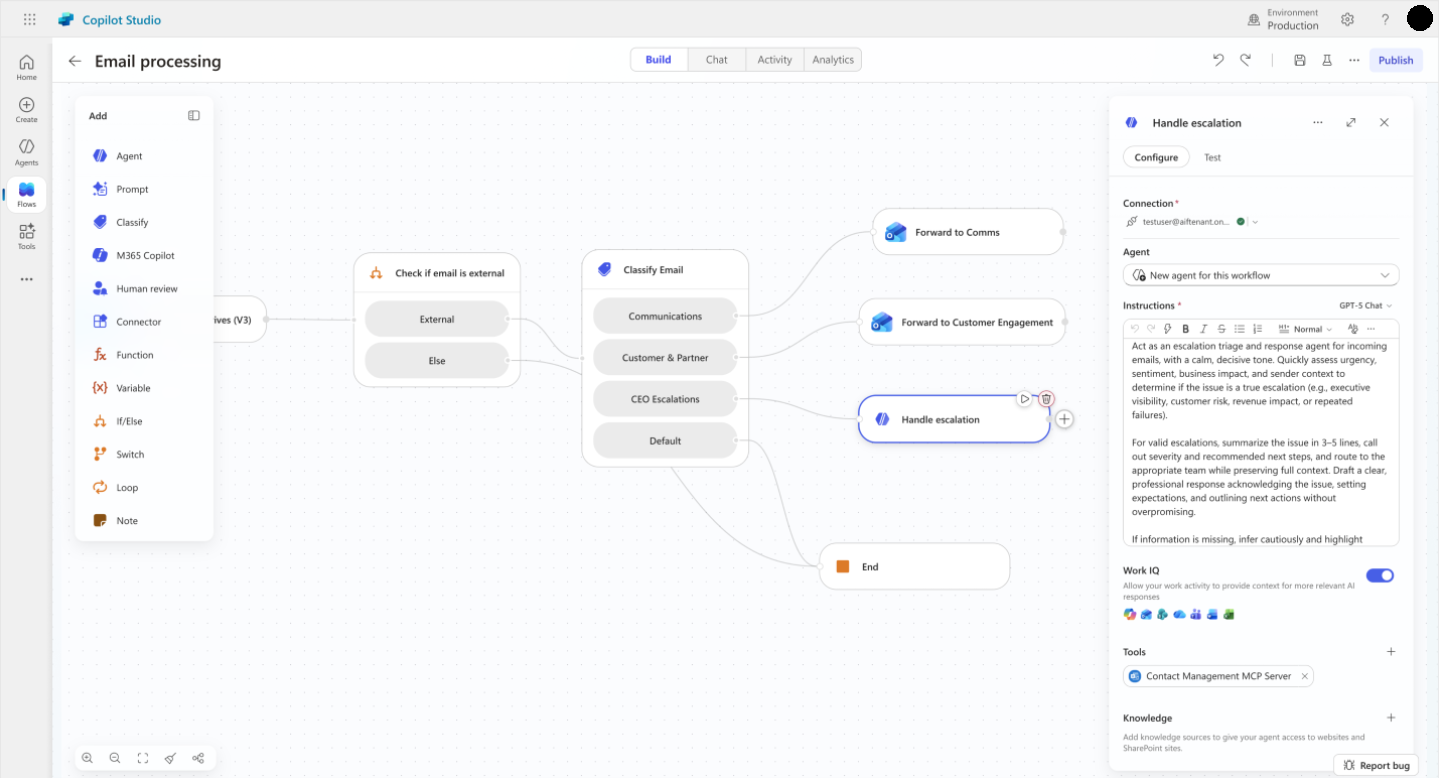 Screenshot of the Copilot Studio designer showing a published workflow with a trigger and several actions.