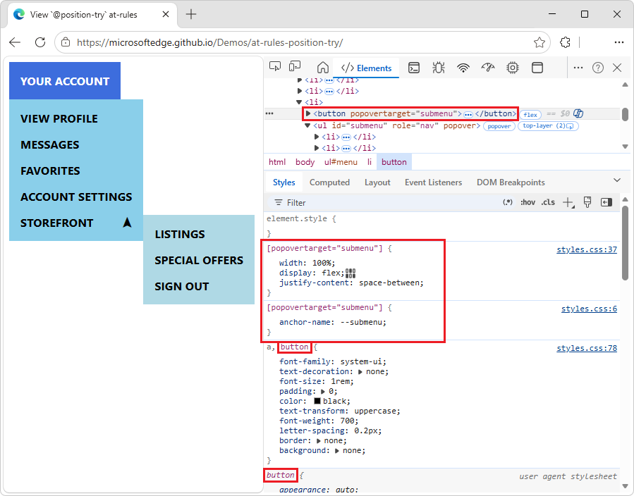 The button element selected in the DOM tree, and its CSS
