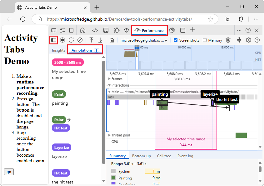 Annotations on a performance recording