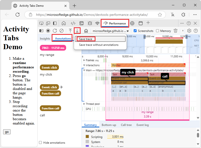 Save trace with annotations