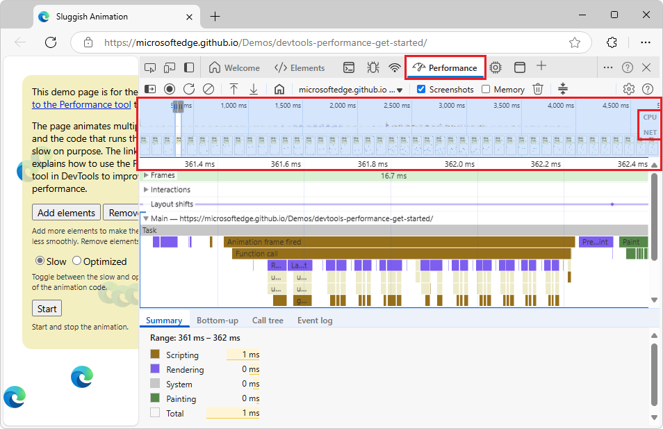 The Timeline overview under the action bar