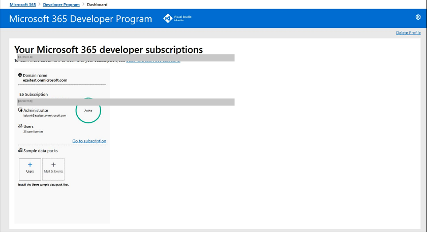 Microsoft 365 Developer Program dashboard showing active subscription with domain name, administrator, and sample data packs
