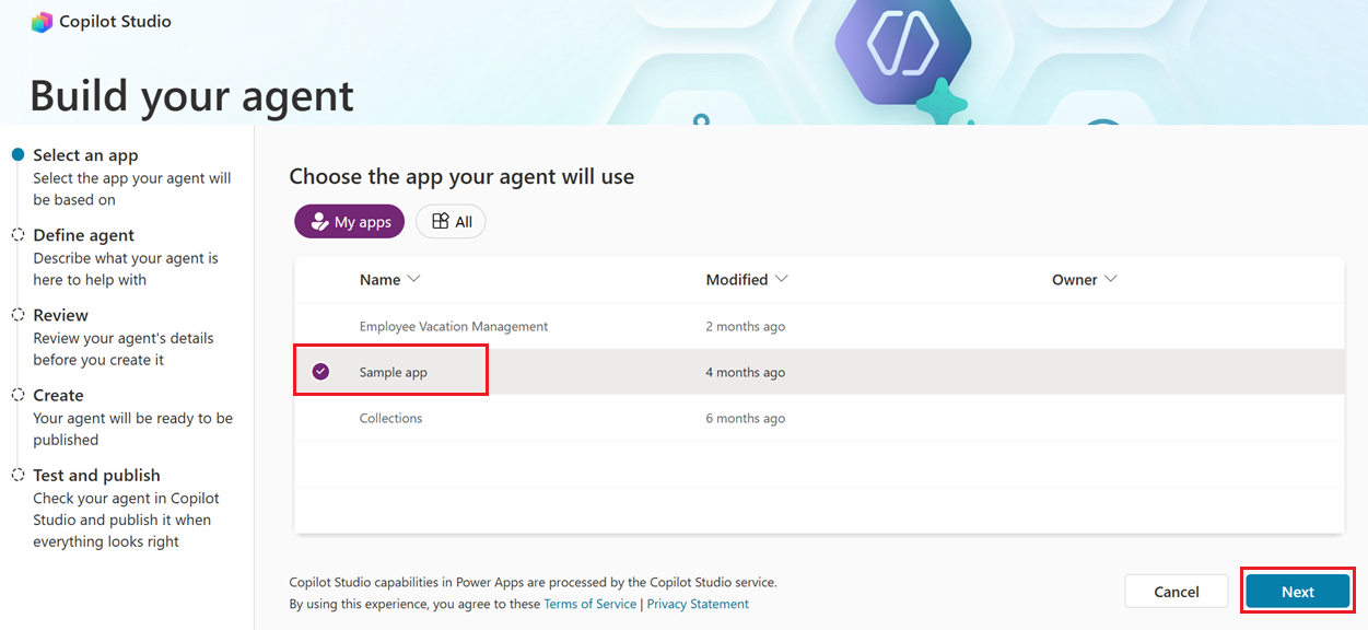 Select an app and then select next