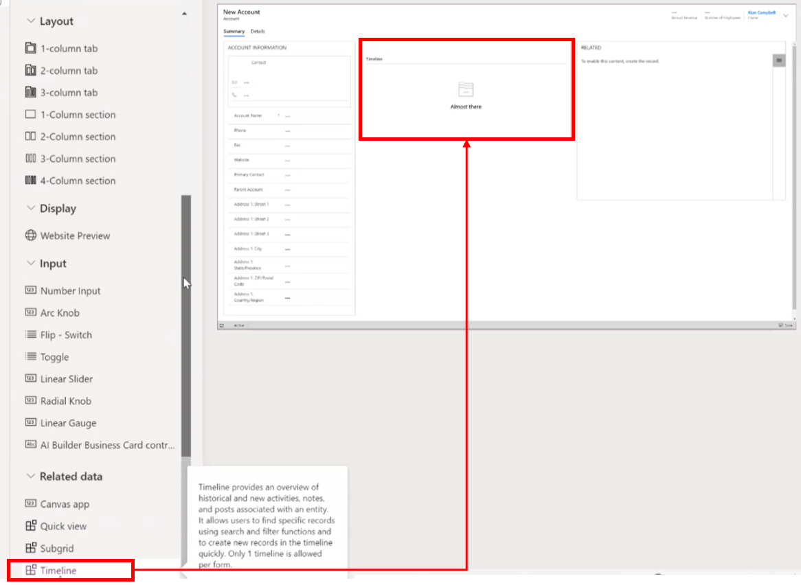 Adding or removing a timeline from an entity form Adding or removing a timeline from an entity form.