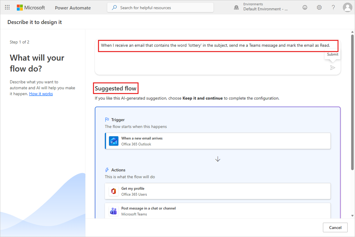 Screenshot of triggering a cloud flow based on an email's subject in Copilot.