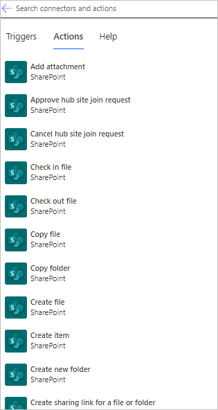 Some SharePoint actions such as Add attachment and Check in file A screenshot that shows some SharePoint actions such as "Add attachment" and "Check in file."