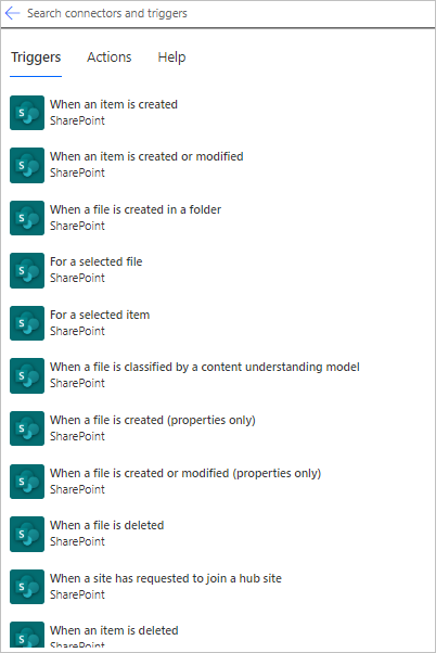 Some SharePoint triggers such as When an item is created A screenshot that shows some SharePoint triggers such as "When an item is created."