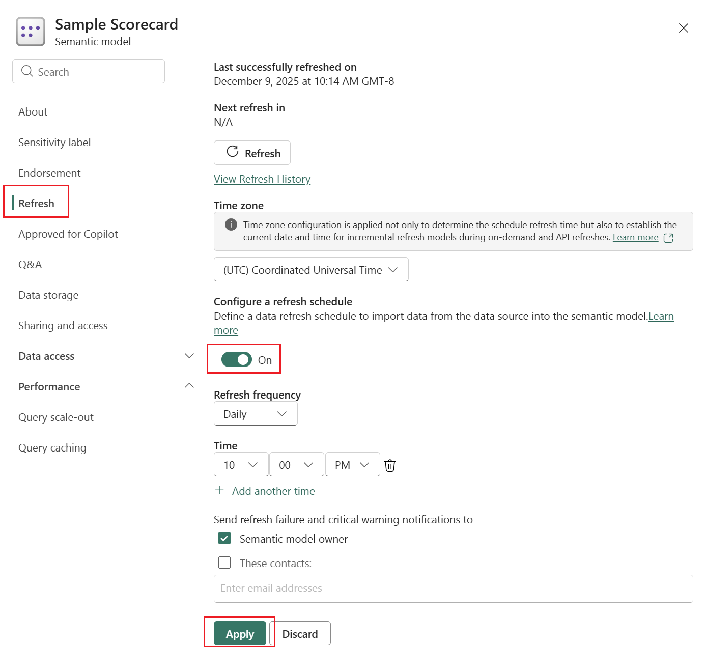 Screenshot of scheduled refresh settings showing frequency and time slots for a semantic model.