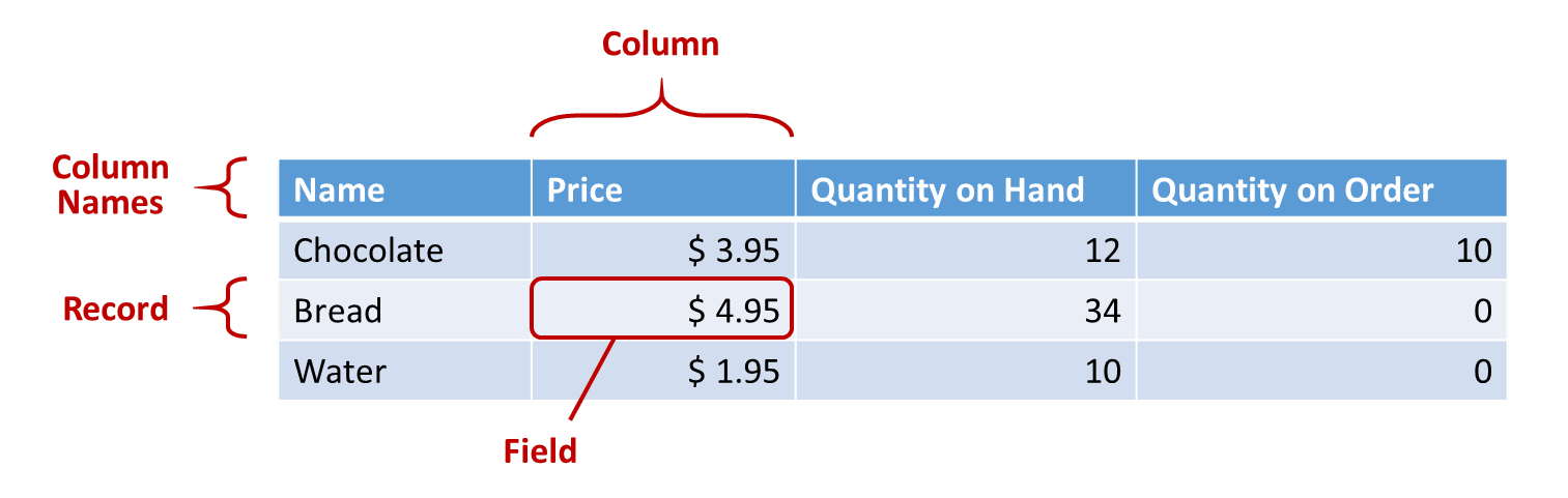 Screenshot of records, fields, and columns that form a table.