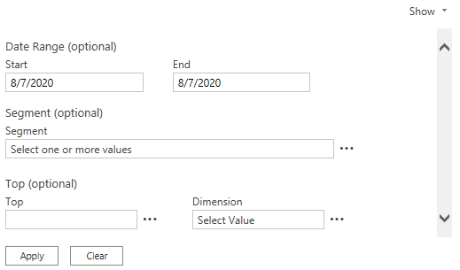 Screenshot of the optional input parameters in the Adobe Analytics Navigator.