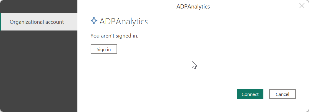 Screenshot of the authentication dialog where you sign in to ADP Analytics.