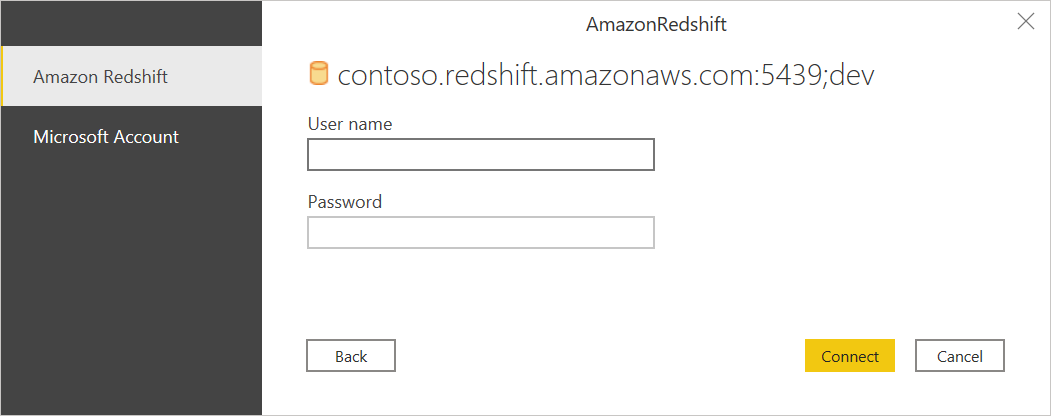 Screenshot of the authentication dialog, with Amazon Redshift selected as the authentication type.