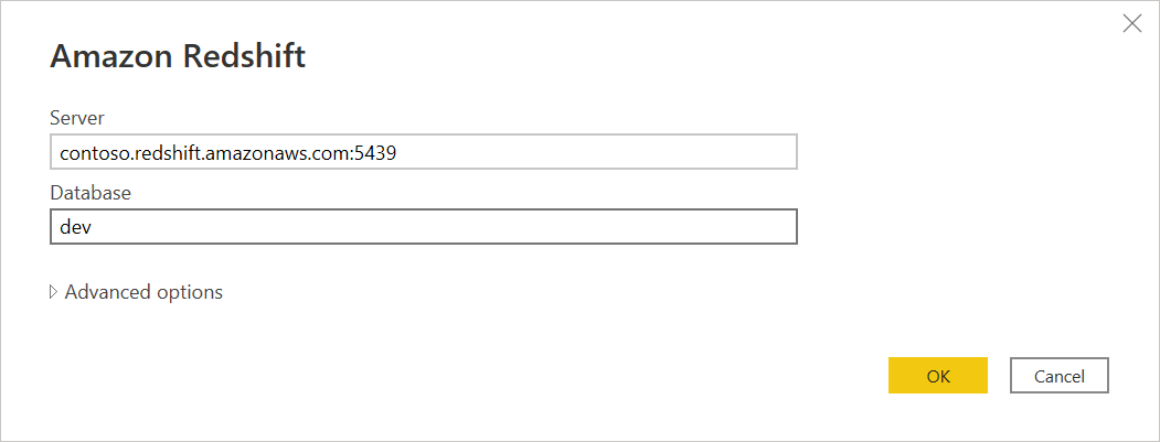Screenshot of the Amazon Redshift connection dialog, with the example server name, port, and database name entered.