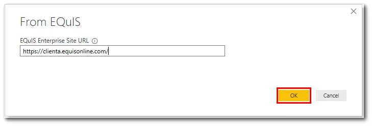 Screenshot of the From EQuiS dialog where you enter the URL of the EQuIS Enterprise site.