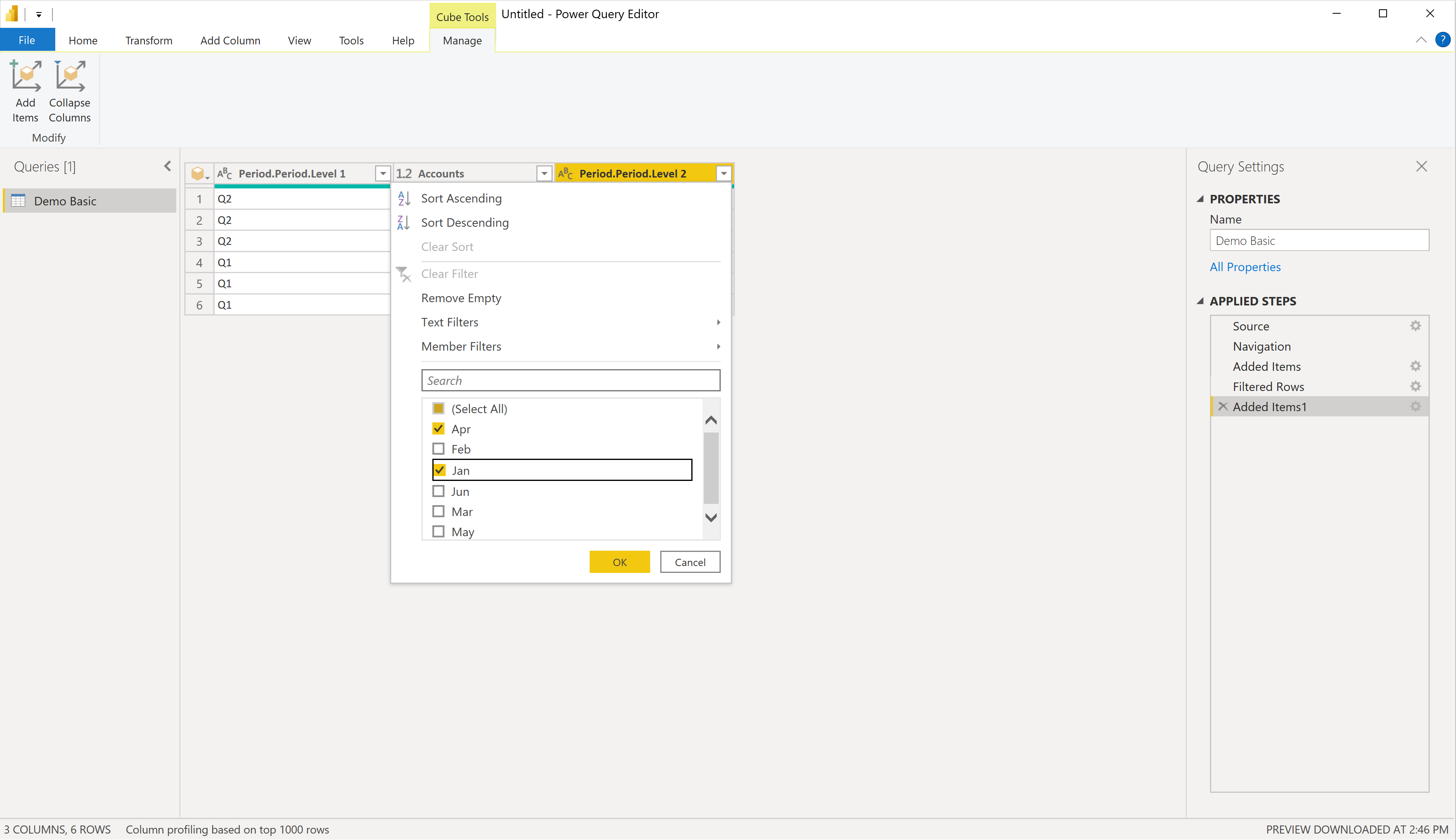Screenshot of the drop-down box where you apply a filter on the second level.
