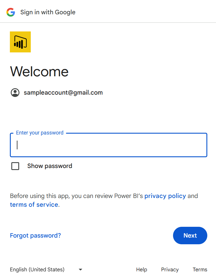 Screenshot of the dialog where you enter your password from Power Query Online.