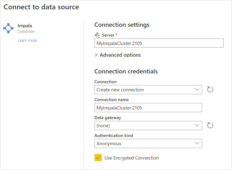 Screenshot of the Connect to data source dialog where you enter the Impala database online connection.