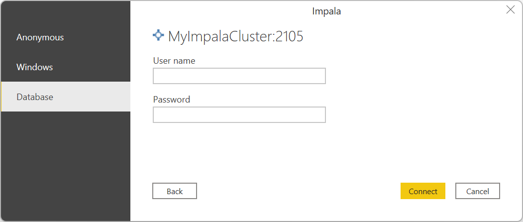 Screenshot of the authentication dialog with the Anonymous, Windows, and Database selections, with Database selected.