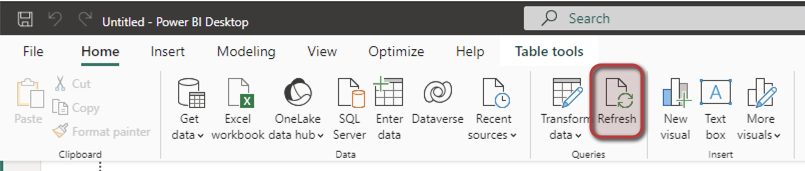 Screenshot of where the On-demand refresh button is located within Power BI.