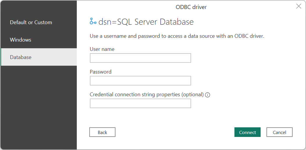 Screenshot of the ODBC authentication dialog in Power Query Desktop.