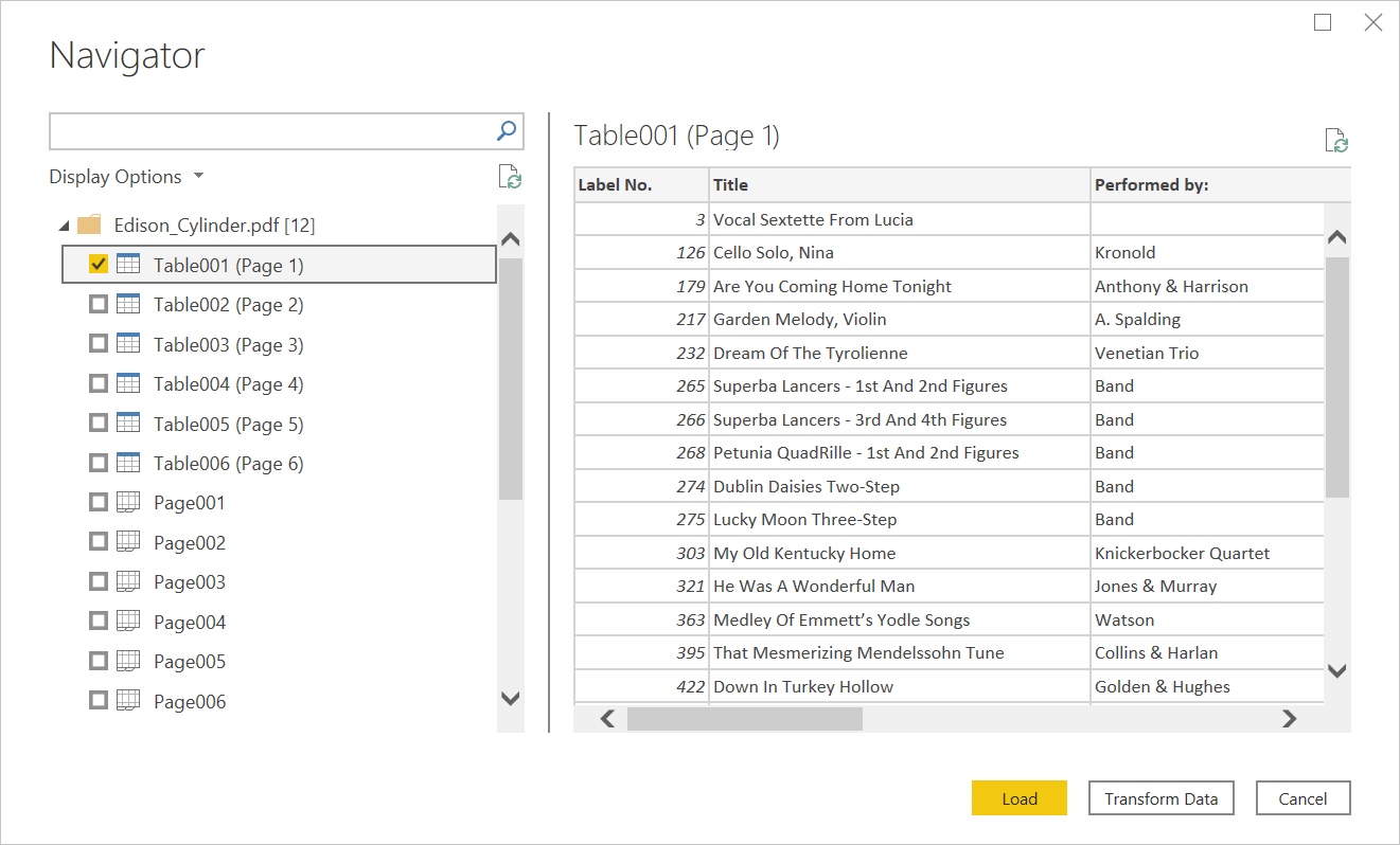 Screenshot of the PDF file imported into the Power Query Desktop Navigator.