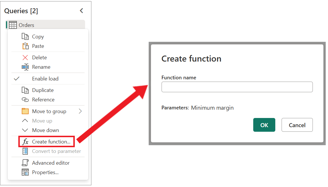 Screenshot of the Queries context menu Create function option emphasized and the Create function dialog.