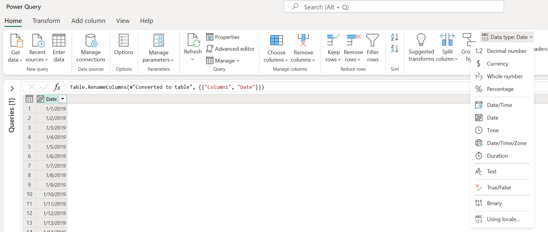 Screenshot of the data type menu on the Home tab.