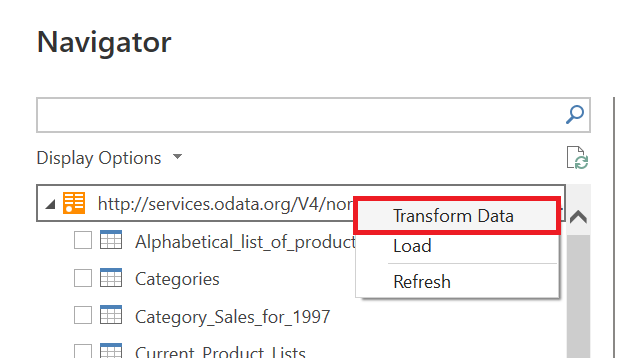Screenshot of the Navigator with transform data from the dropdown menu emphasized.
