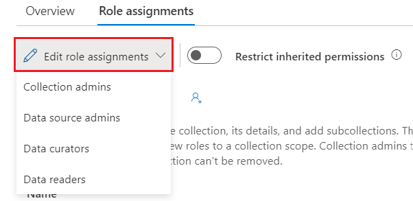 Screenshot of the classic Microsoft Purview governance portal collection window, with the edit role assignments dropdown list selected.
