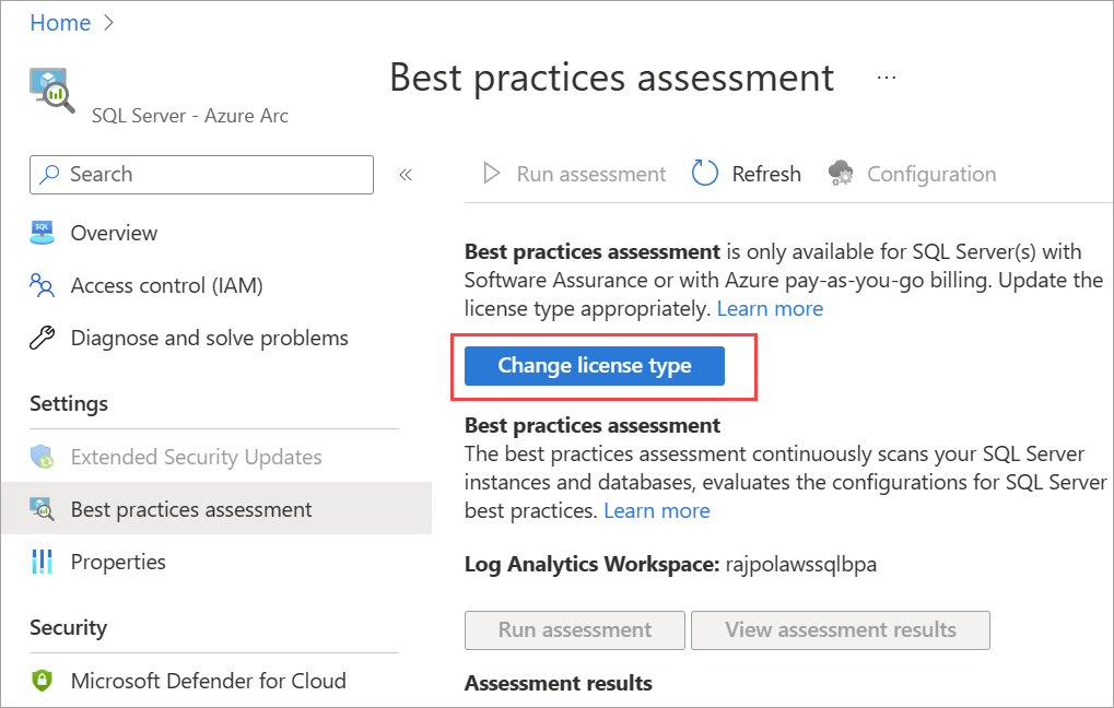 Screenshot of the button for changing the license type in the Azure portal.