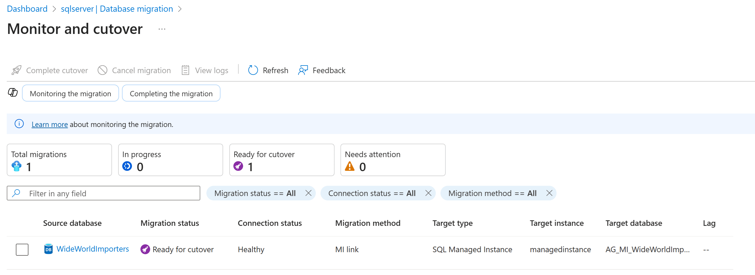 Screenshot of the monitor migration page in the Azure portal.