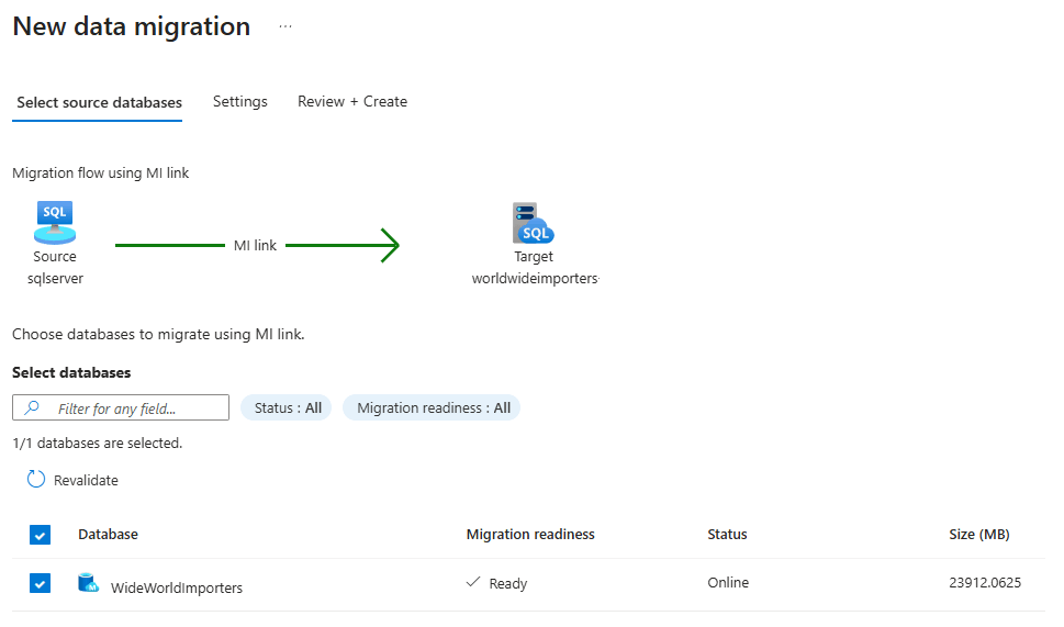 Screenshot of the select source databases page when you migrate your database with LRS in the Azure portal.