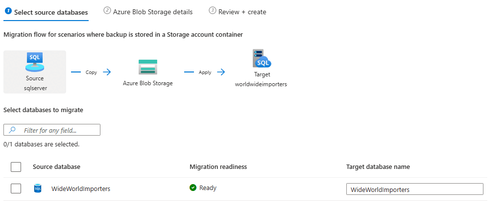 Screenshot of the select source databases page when you migrate your database with LRS in the Azure portal.
