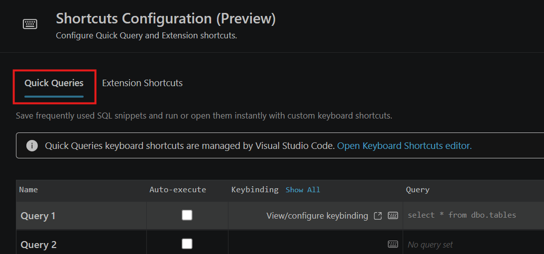 Screenshot of the Shortcuts Configuration page showing the Quick Queries tab with query slots, auto-execute options, and keybinding controls.
