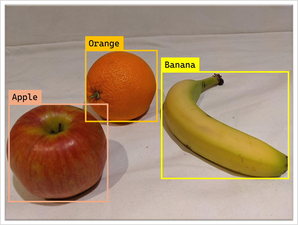 Photograph of an orange, apple, and banana with bounding boxes.