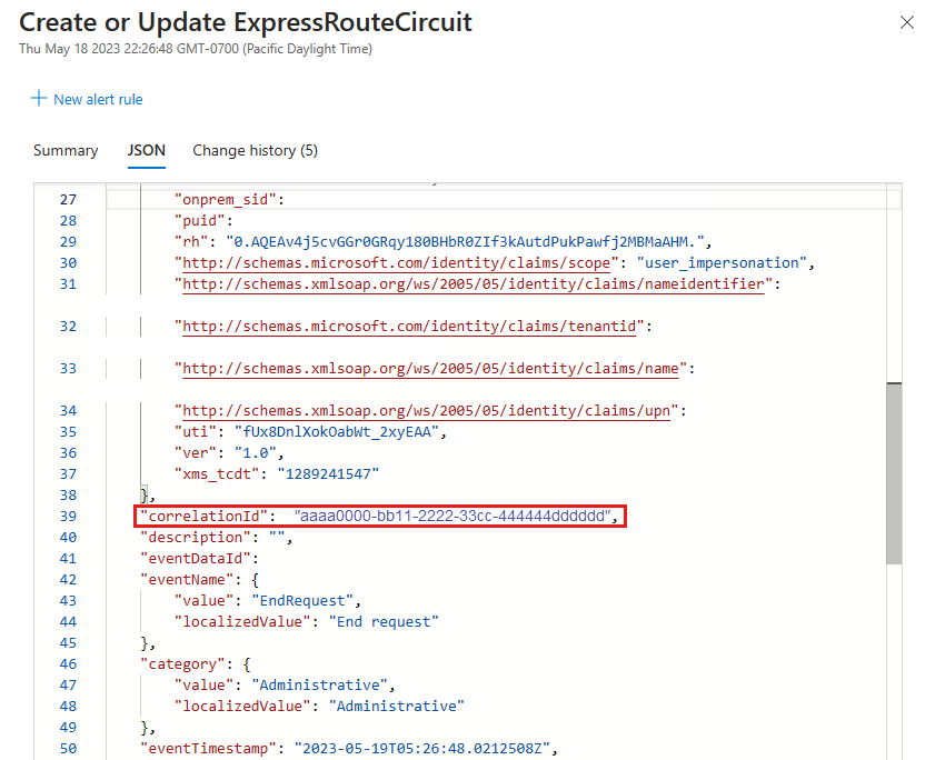 Screenshot of the correlation ID found in the JSON format of the log entry.