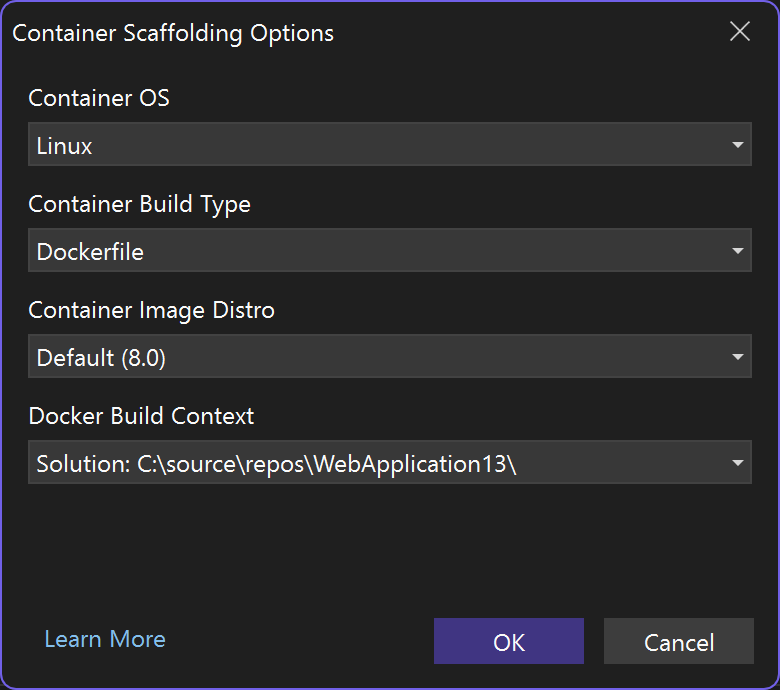 Screenshot showing the Container Scaffolding Options dialog for adding container support.