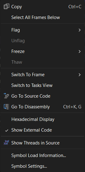 Shortcut menu in Parallel Stacks window. Screenshot of Shortcut menu in Parallel Stacks window 2022.