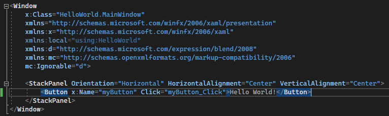 Screenshot showing the XAML code for the Button in the XAML editor in Visual Studio 2022, with the value of the Content property changed to Hello World!