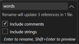 Screenshot of the Rename window showing the 'Include comments' checkbox as selected.