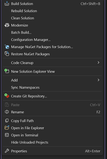 Screenshot of the right-click context menu from a solution node in Solution Explorer.